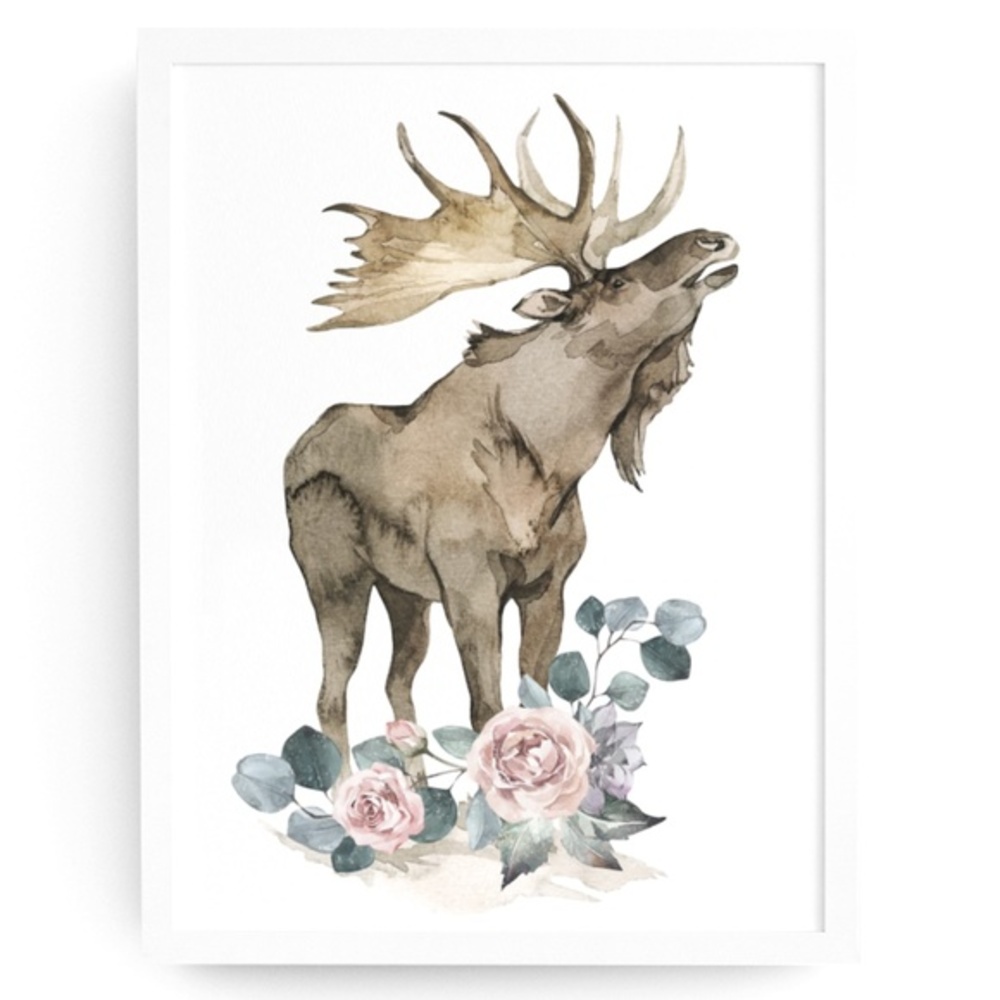 Watercolor Floral Moose Elk Deer Portrait Wall Art Illustration Print Unframed - Picture 3 of 17